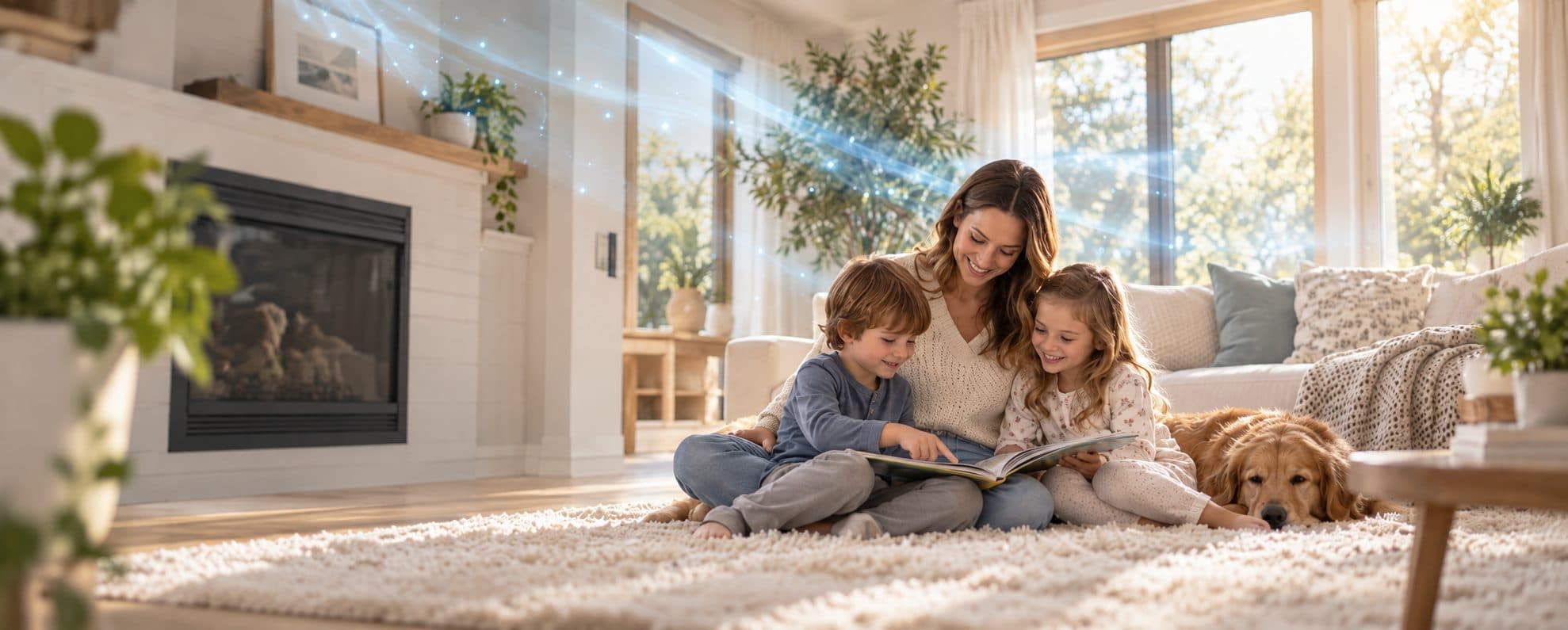 A parent reading with two children and the family dog on a sunny living-room rug