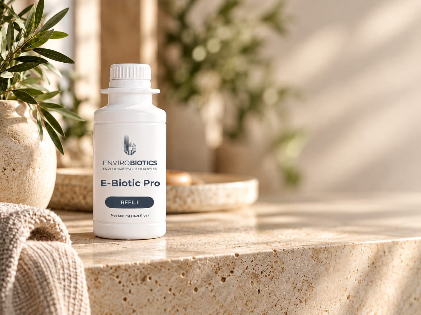 An E-Biotic Pro refill bottle on a stone counter
