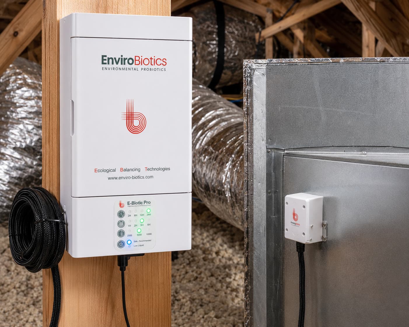 The E-Biotic Pro mounted on a post next to an air handler in an attic
